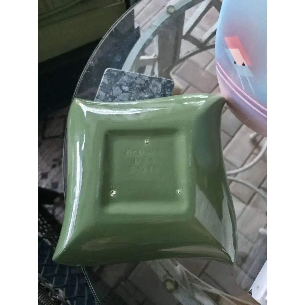 Red Wing Pottery Square Dish USA Olive Green Yellow Mid Century Modern